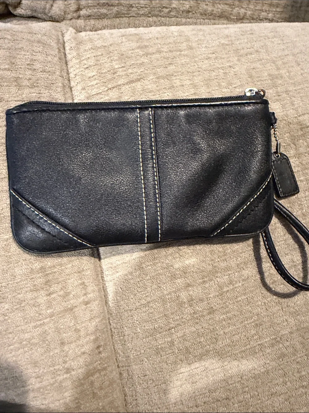 Coach Black Leather Zip Wristlet with Contrast Stitching